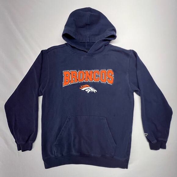 Vintage Y2K Reebok NFL Denver Broncos Hoodie Boys L 14-16 Navy Blue Team Apparel - Picture 1 of 9